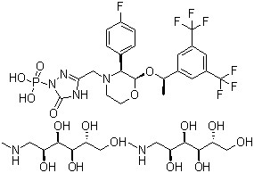 1-Deoxy-1-(methylamino)-D-glucitol [3-[[(2R,3S)-2-[(1R)-1-[3,5-bis(trifluoromethyl)phenyl]ethoxy]-3-(4-fluorophenyl)-4-morpholinyl]methyl]-2,5-dihydro-5-oxo-1H-1,2,4-triazol-1-yl]phosphonate CAS 265121-04-8